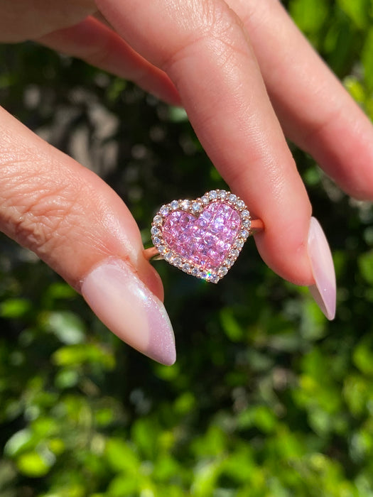 Vintage 18K Rose Gold Pink Sapphire & Diamond Heart Ring