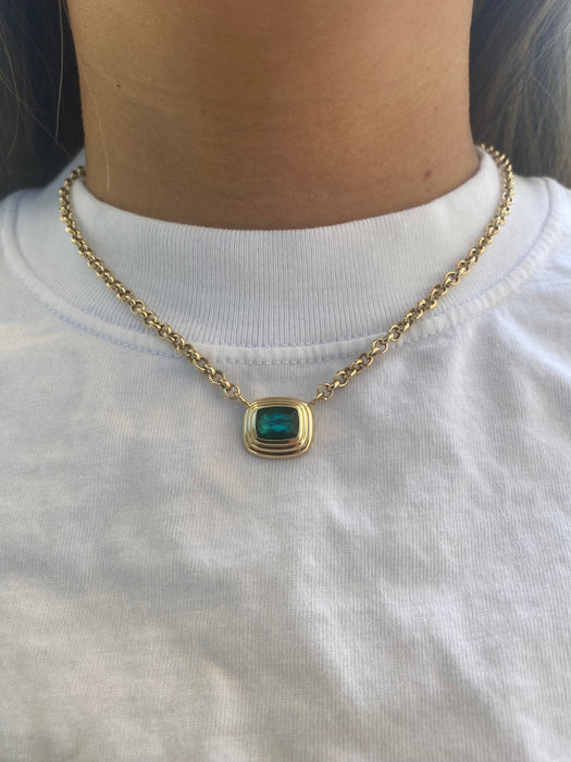 14K Gold 3.24 TCW Natural Blue-Green Tourmaline Rolo Necklace