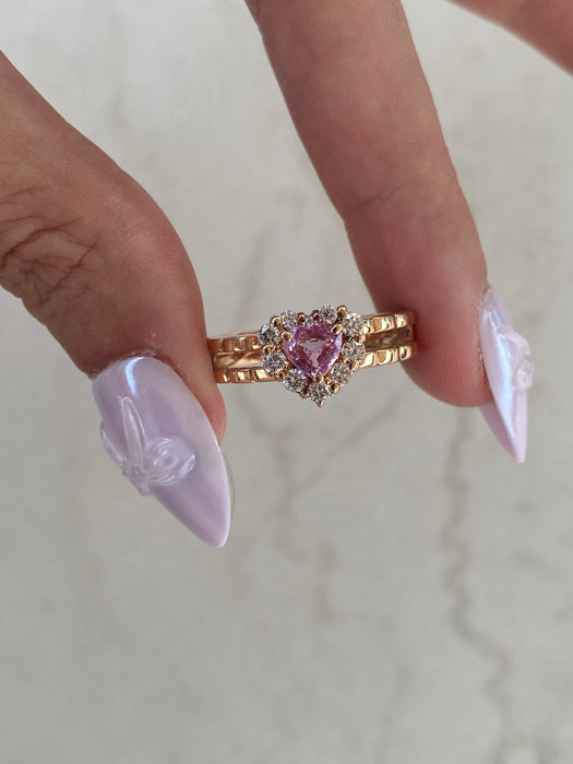 Vintage 18K Rose Gold Pink Sapphire Heart Ring with Diamond Halo – Size 7