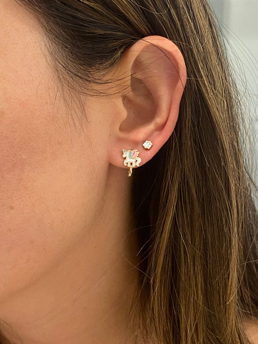 14K Gold Enamel Unicorn Huggie Earrings