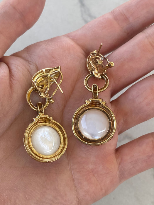 Vintage 14K Diamond & Mabe Pearl Omega Back Earrings