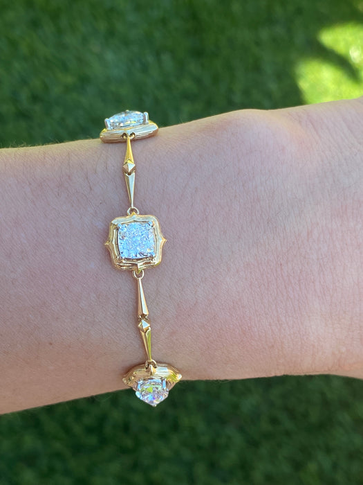 14K Gold Lab Diamond Bamboo Link Bracelet – 3.2 TCW Pear, Cushion & Trillion Diamonds – Adjustable 6–7”