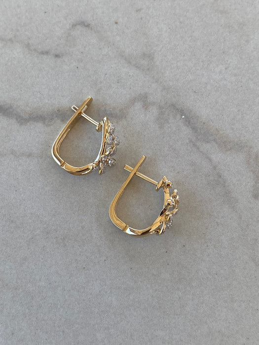 14K Natural Diamond Flower Huggie Earrings