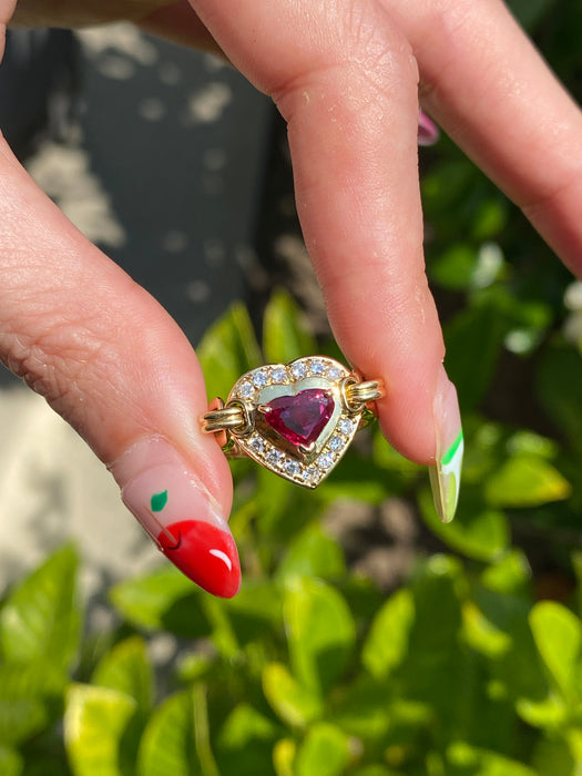 18k ruby and diamond heart articulated ring size 6