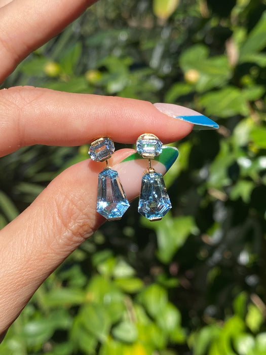 18K Gold Geometric Blue Topaz Dangle Earrings – 9.4ct