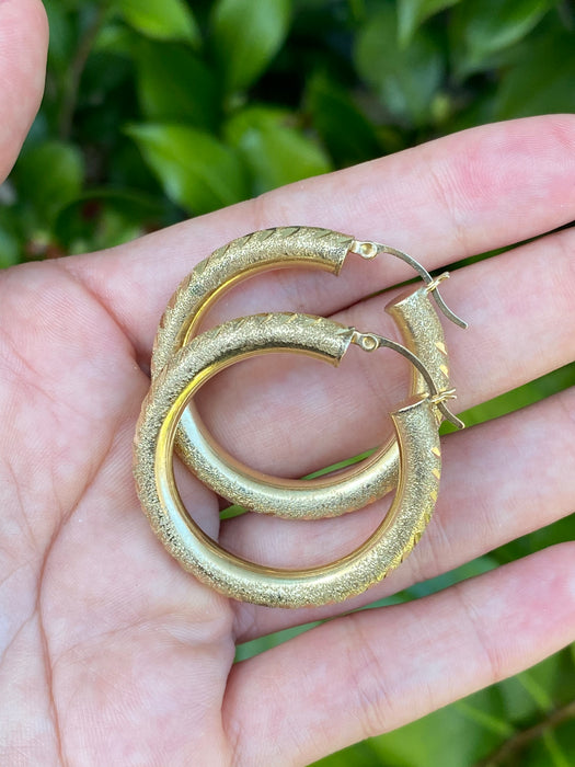14k diamond cut textured hoop earrings