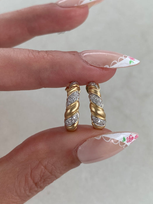 14K Gold Brushed Finish Diamond Croissant J Hoop Earrings