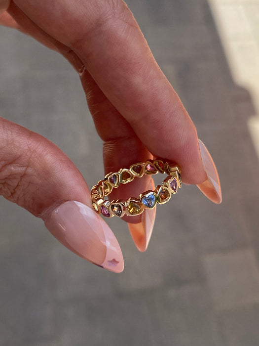14K Gold Rainbow Sapphire Heart Eternity Ring