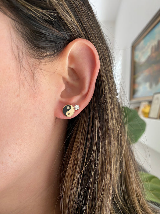 14K Gold Black Enamel Diamond Yin Yang Stud Earrings – 9mm