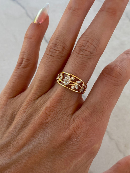 14K Yellow Gold Lotus Flower & Diamond Ring