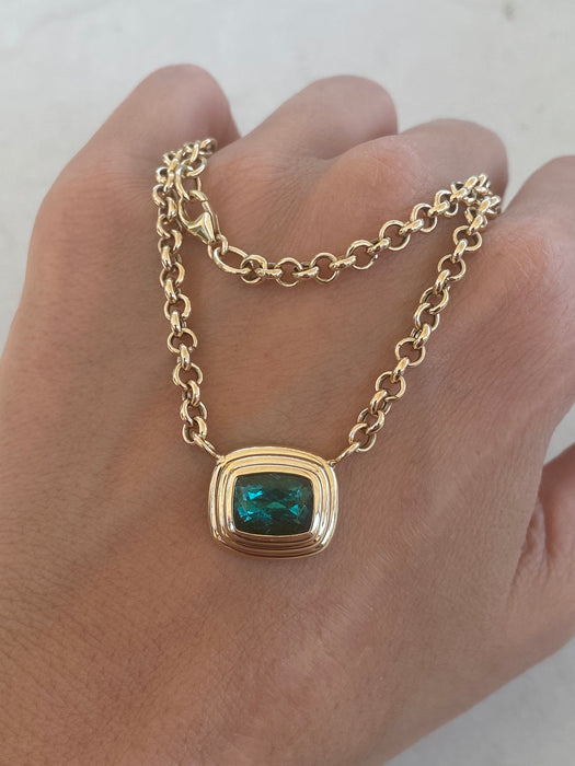 14K Gold 3.24 TCW Natural Blue-Green Tourmaline Rolo Necklace