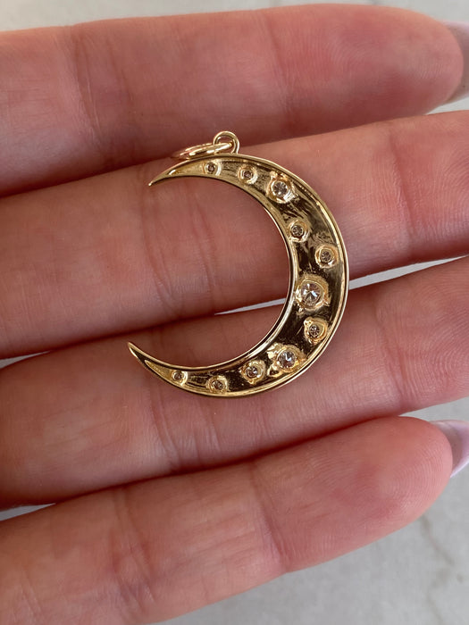 14K Brushed Diamond Crescent Moon Star Charm