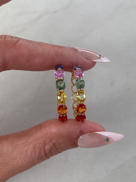 14K 6 TCW Rainbow Sapphire Oval Hoop Earrings