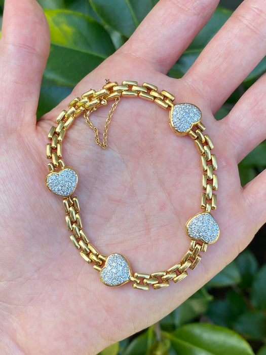 Vintage 18K Gold Panther Link Diamond Heart Bracelet