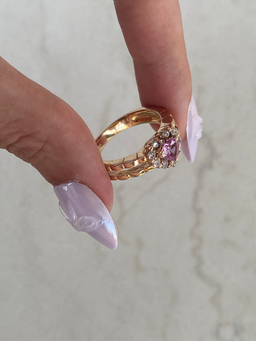 Vintage 18K Rose Gold Pink Sapphire Heart Ring with Diamond Halo – Size 7