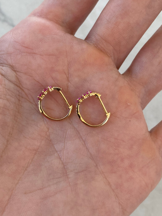 14K Natural Ruby & Diamond Baguette Huggies