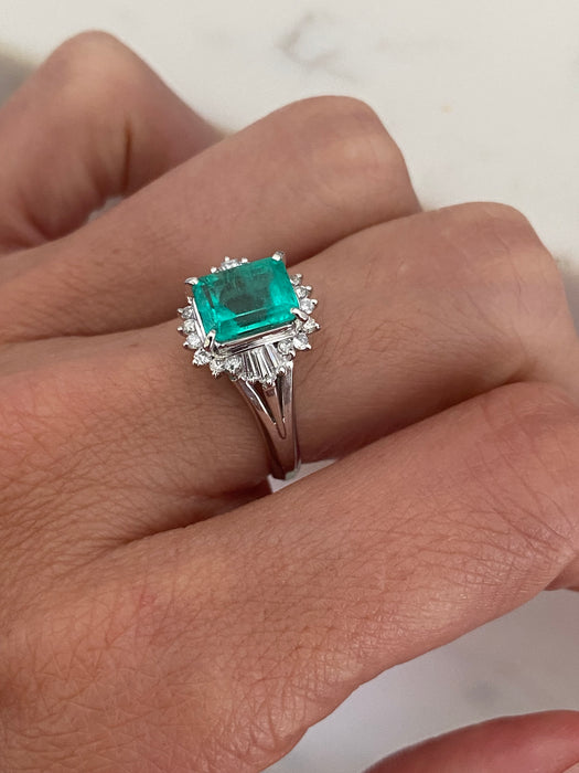 Vintage Platinum 900 GIA Colombian Emerald & Diamond Ballerina Ring | 1.53 CT Emerald | Size 5.75