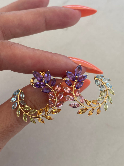18K Gold Rainbow Marquise Laurel Earrings
