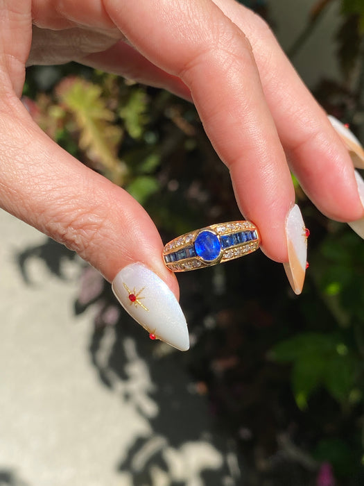Vintage 18K 1.9 TCW Blue Sapphire & Diamond Ring Size 6.25