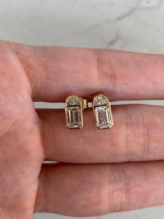 14K Bezel-Set Emerald & Half Moon Lab Diamond Stud Earrings- 1.7 TCW