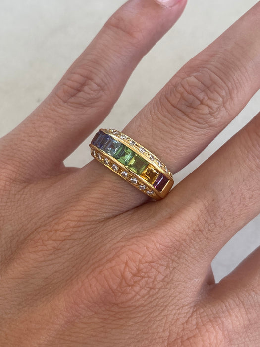 Vintage 18K Rainbow Multi-Gemstone & Diamond Ring