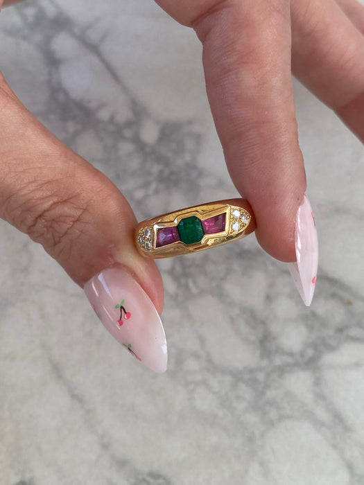 Vintage 18K Ruby, Emerald & Diamond Ring
