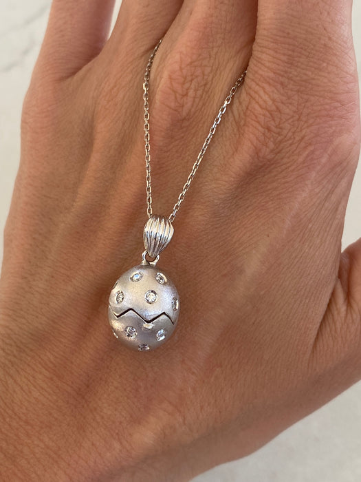 Vintage 18K White Gold Diamond Egg Charm Pendant – Opening Locket w/ Zircon Drop, 0.90 TCW