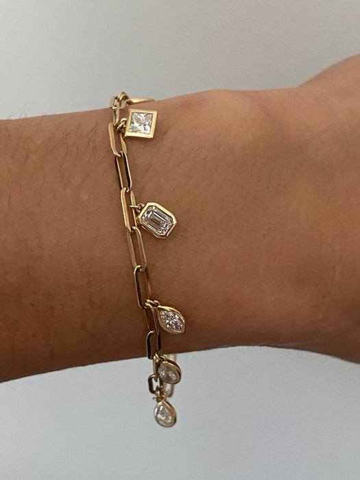 14k Gold Lab Diamond Bezel Charms Paperclip Bracelet With Dog Clip