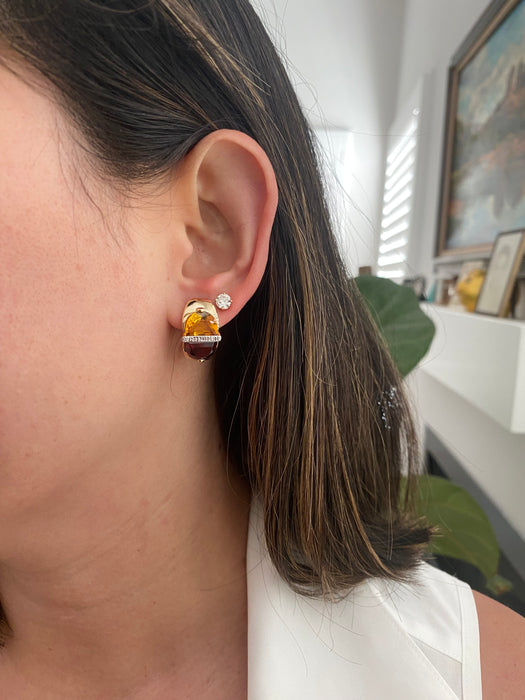Vintage 14K Gold Garnet, Citrine & Diamond Half Moon Earrings with Omega Backs