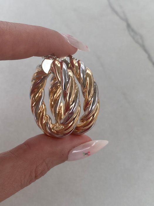 Vintage 14K Rose & White Gold Twist Hoop Earrings