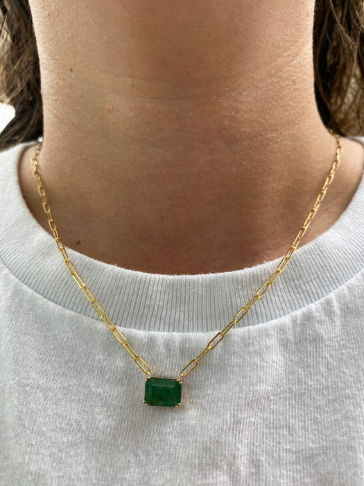 14K Gold Natural Emerald Paperclip Necklace – 2.24 CT Emerald Cut Emerald