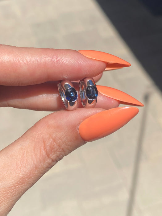 14K White Gold Blue Sapphire Huggie Hoop Earrings