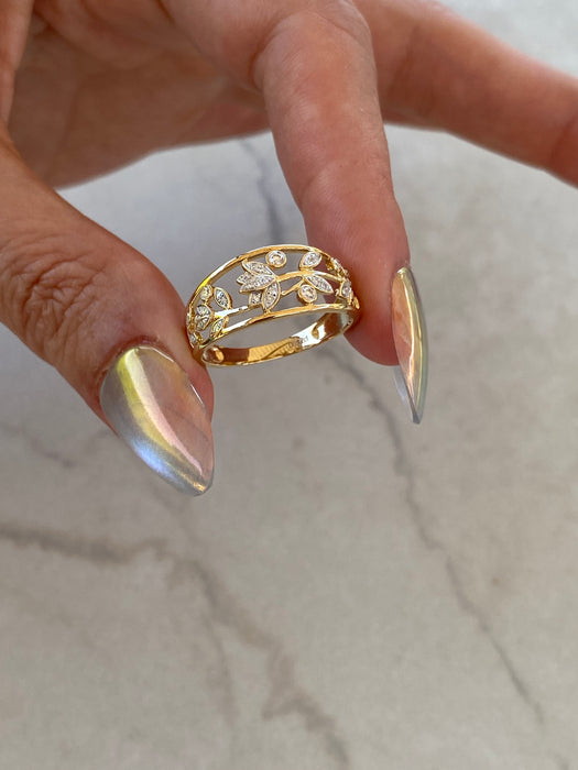 14K Yellow Gold Lotus Flower & Diamond Ring