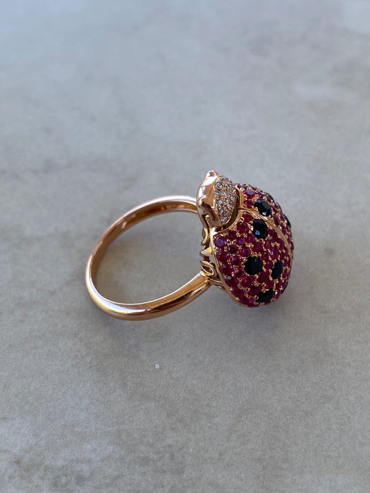 18K Rose Gold Ruby & Diamond Ladybug Ring with Hidden Opal