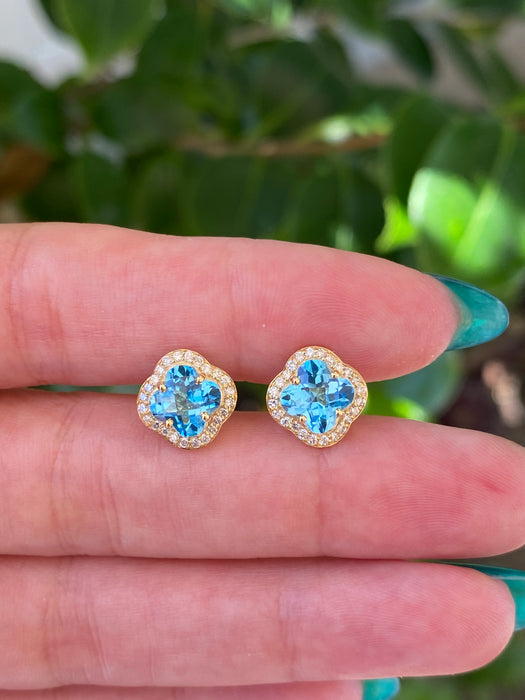 14k blue topaz flower diamond stud earrings