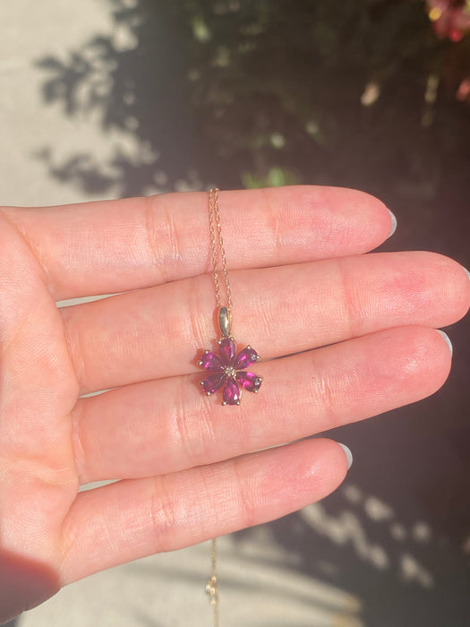 14k Rhodolite garnet diamond flower necklace