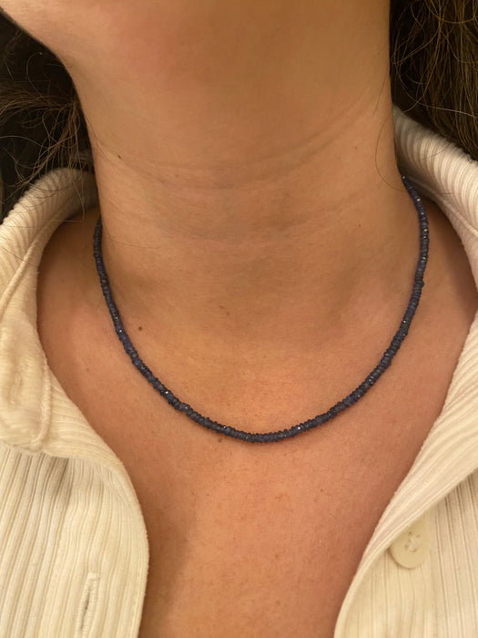 14k Gold Blue Sapphire Beaded Necklace With 14k Connector Charm 16.75”