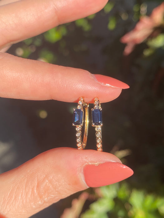 14k blue sapphire diamond huggie earrings
