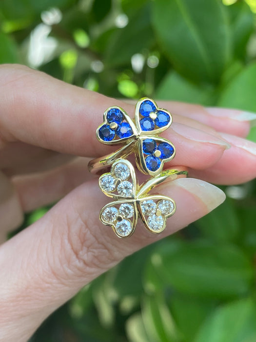 18k diamond blue sapphire clover bypass ring size 5