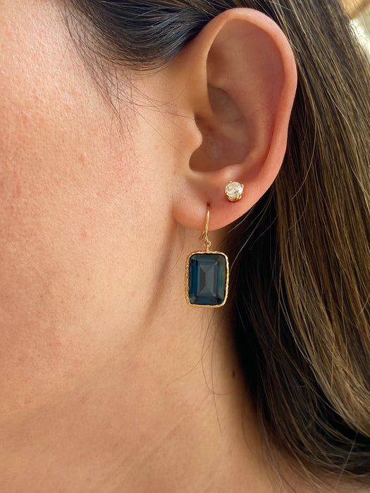 Vintage 18K Gold Bezel-Set London Blue Topaz Hook Earrings