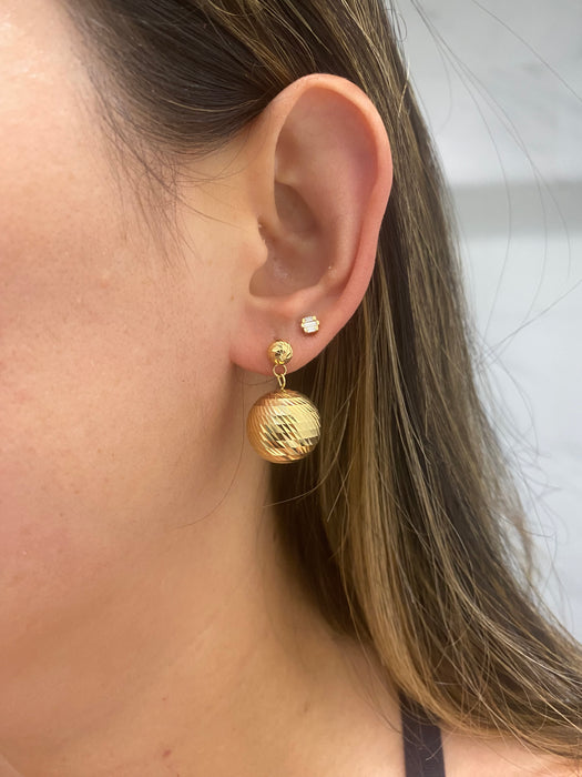 14K Gold Diamond Cut Bead Dangle Earrings – Textured Disco Ball Drop Earrings