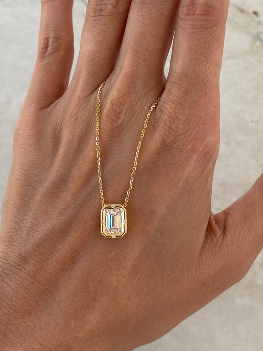 14K Gold 1.51ct Emerald Cut Lab Diamond Bezel Pendant Necklace – IGI Certified