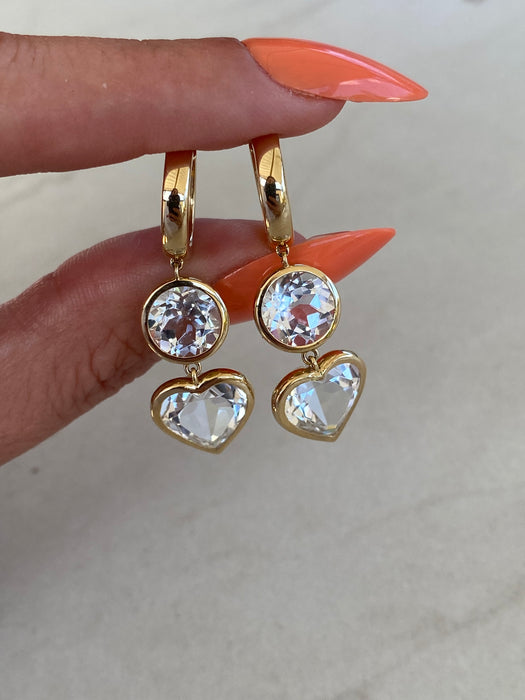14K Gold Bezel Set White Topaz Heart Drop Huggie Earrings | 15.5 CTW White Topaz