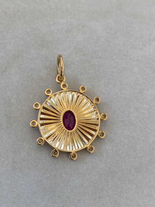 14K Gold Fluted Ruby & Diamond Disc Charm