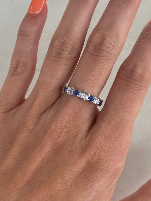 Vintage Platinum 900 Blue Sapphire & Baguette Diamond Band Ring | 0.72 TCW | Size 7.5
