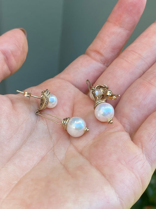 Vintage 14k Gold Double Pearl Rope Dangly Earrings