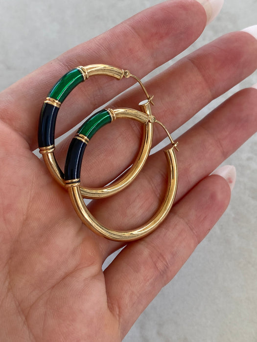 Vintage 14K Blue & Green Enamel Hoop Earrings