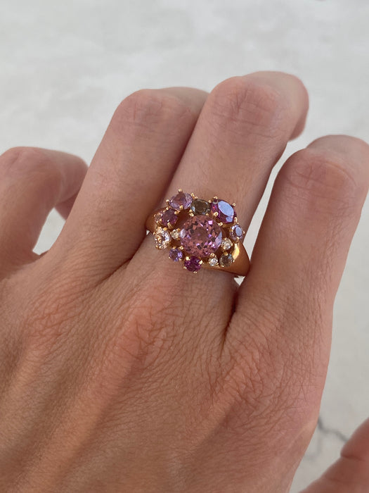 Vintage 18K Rose Gold Multi-Gemstone Cluster Ring – Pink Tourmaline, Amethyst, Smoky Quartz & Diamonds | Size 8