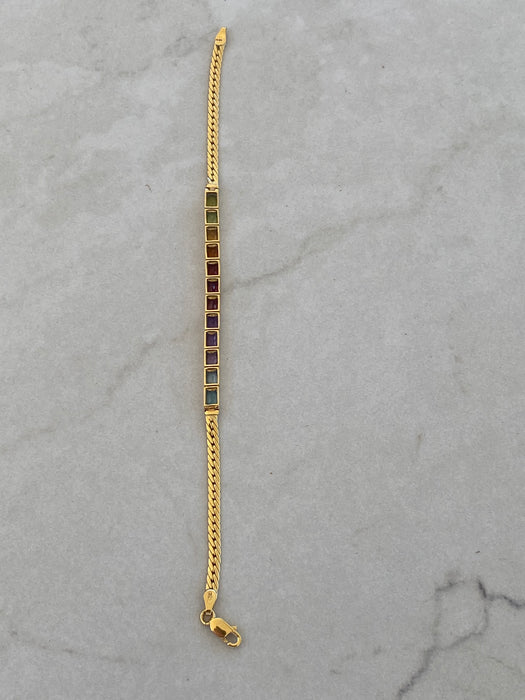 Vintage 18K Gold Rainbow Gemstone Herringbone Bracelet