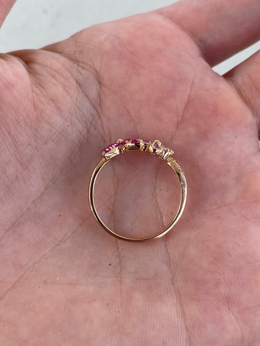 14K Rose Gold Ruby, Pink Sapphire & Diamond Flower Ring Size 7